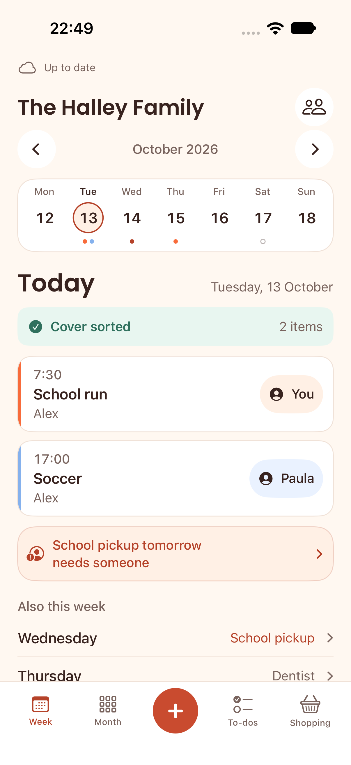 HeyFam's week view showing an example family's school run, soccer, and who is covering each plan.